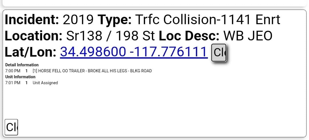 11-79....Highway 138 and 198th Street East....horse fell out of trailer after it...