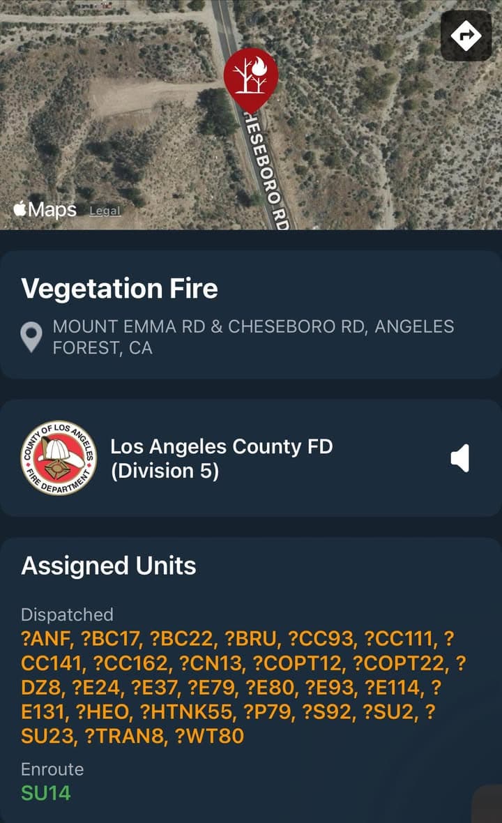 904B…Cheseboro Rd and Mt. Emma Rd…reported brush fire…1st alarm brush response enroute…ANF...
