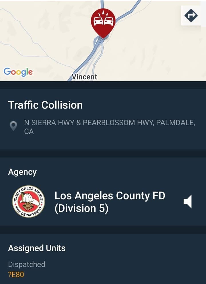 902T/902R....Sierra Highway at Pearblossom Highway....two vehicle collision....sheriff and FD enroute code 3...