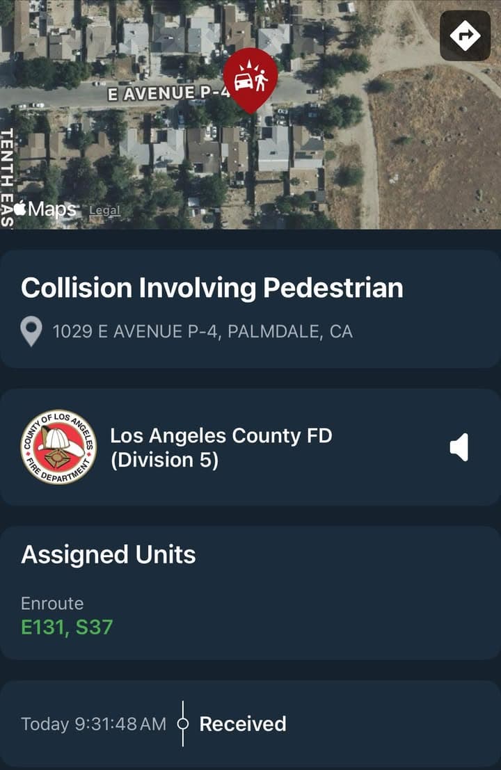 902T/902R…1000 block E. Avenue P4…vehicle vs pedestrian…Sheriff and FD enroute code 3...