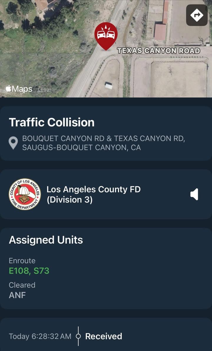 11-79…Bouquet Canyon Rd at Texas Canyon Rd…solo vehicle traffic collision…CHP and FD...