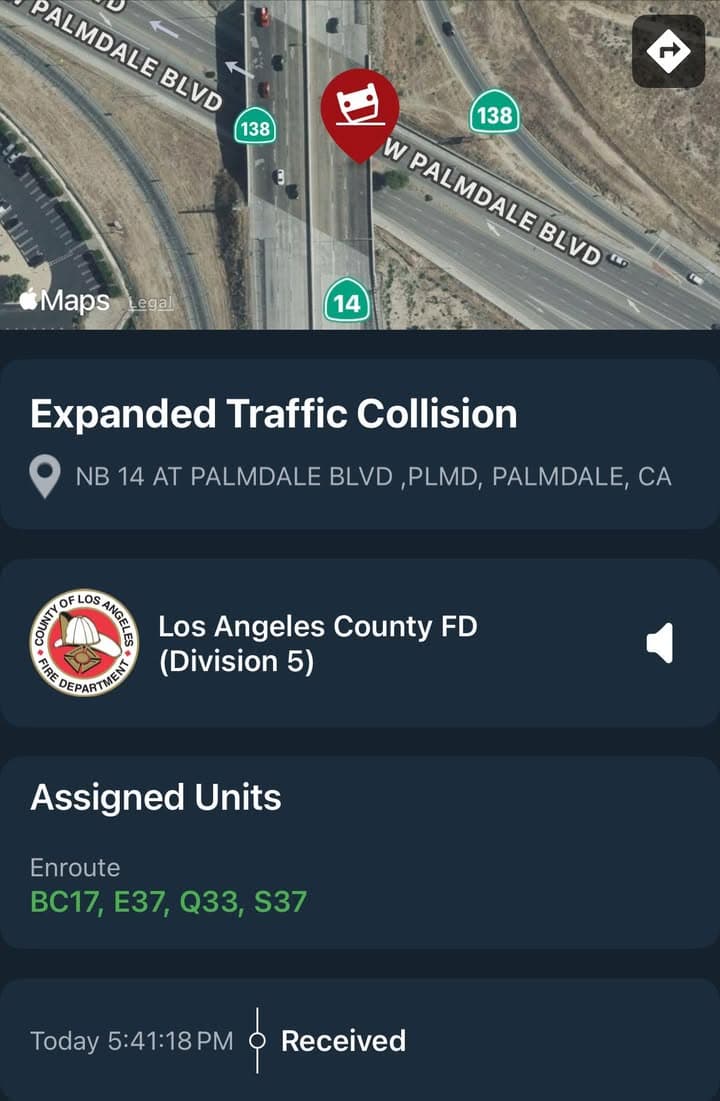 11-83…NB14 at Palmdale Blvd…2 vehicle traffic collision with possible entrapment…CHP and FD...