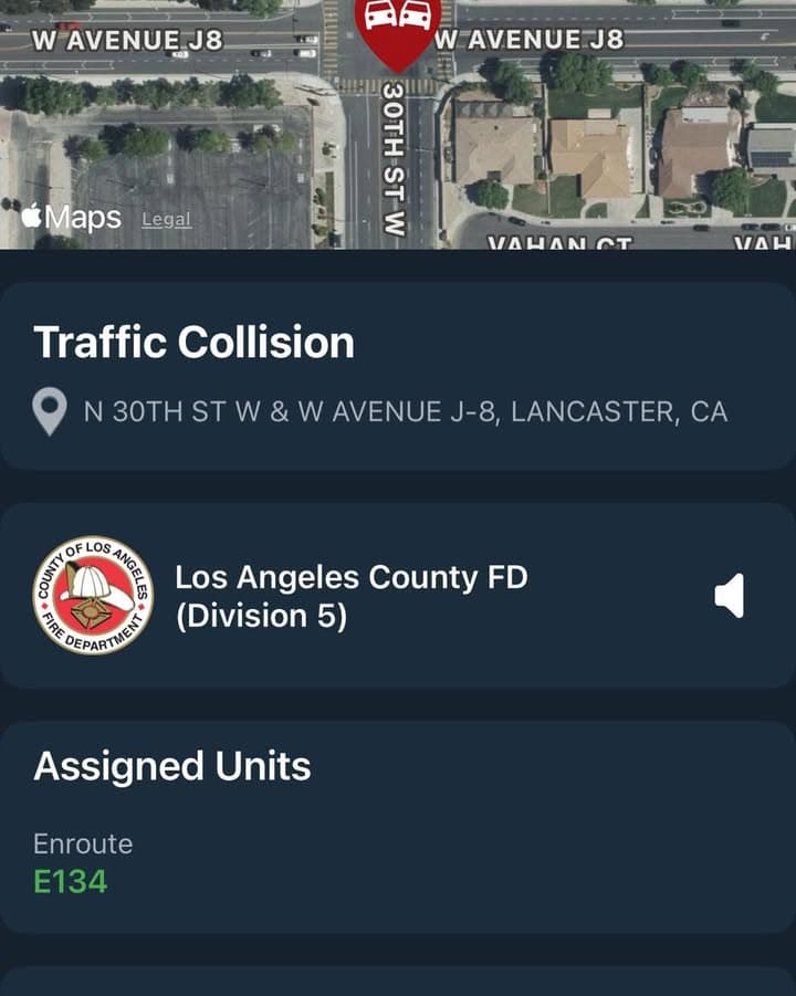 902T/902R…30th Street West and Avenue J8…reported traffic collision…Sheriff and FD enroute code...