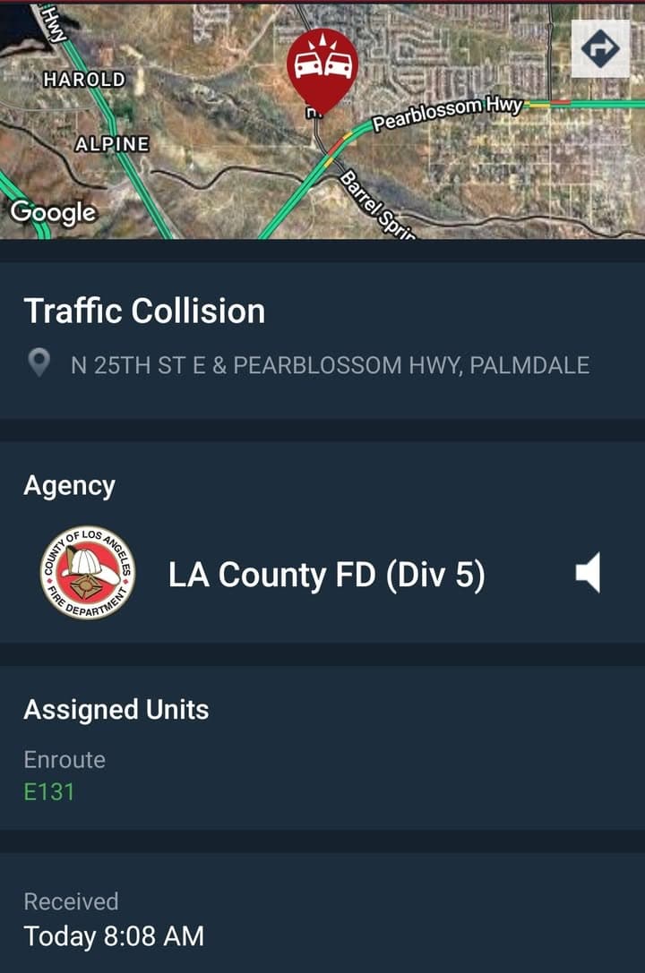 902T/902R....25th Street East and Pearblossom Highway.....two vehicle collsion....sheriff and FD enroute code...