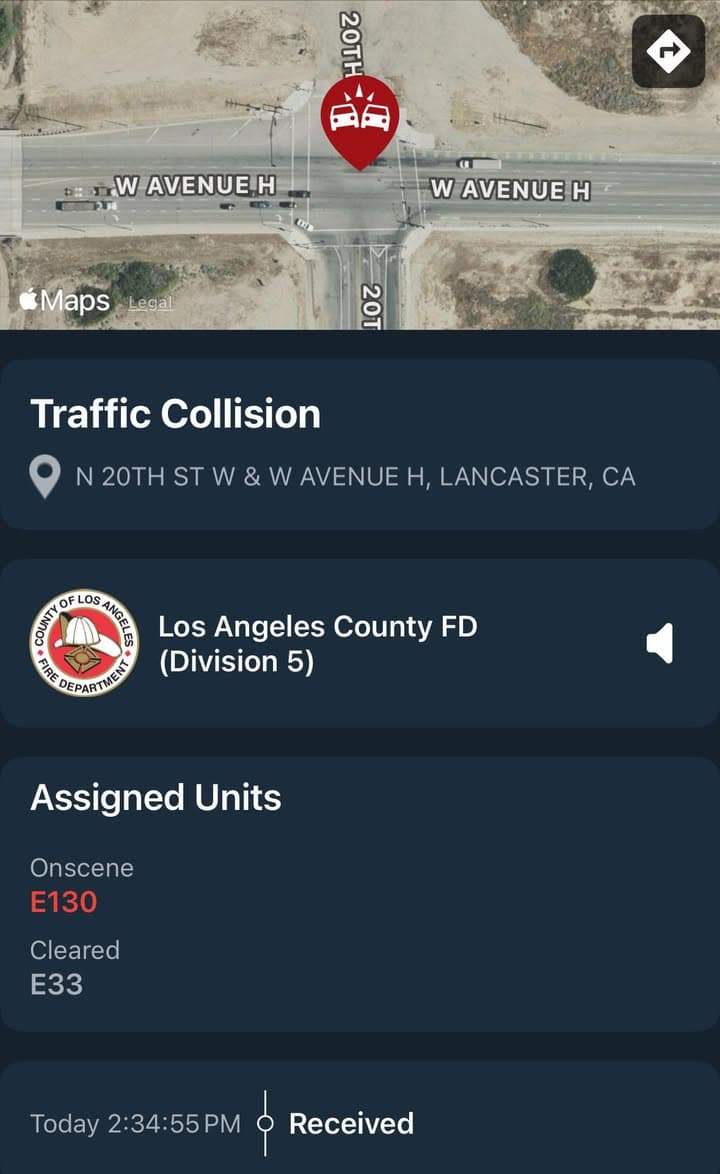 902T/902R…20th Street West and Avenue H…reported 2 vehicle traffic collision…Sheriff and FD...
