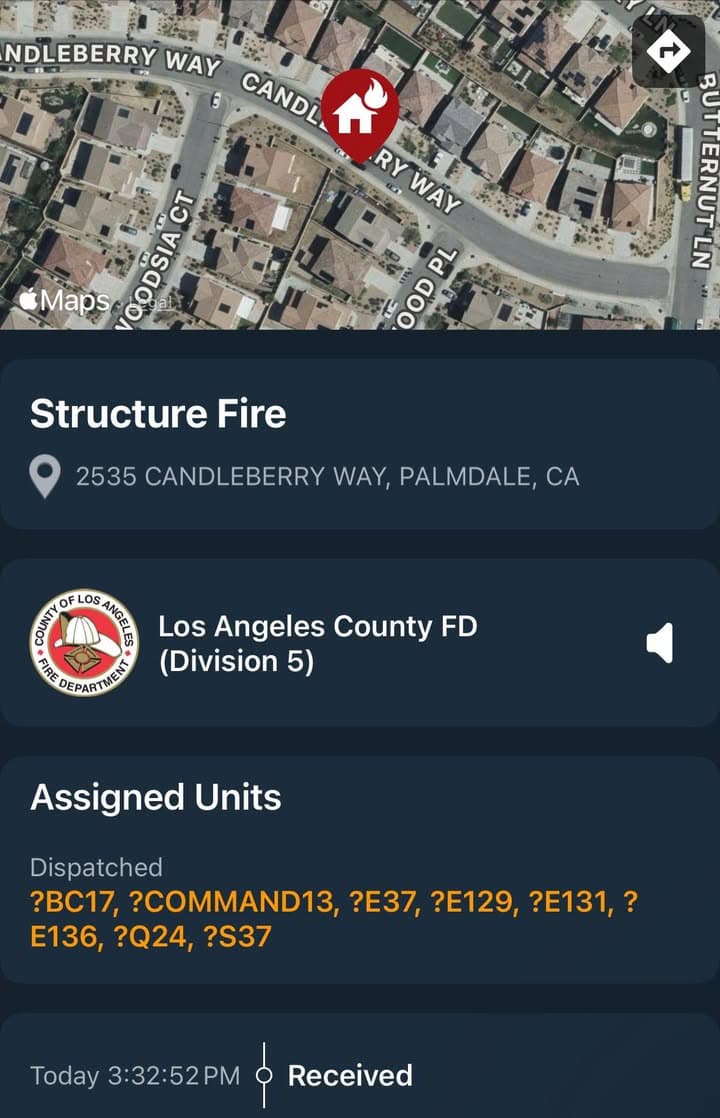 904S…2535 Candleberry Way…reported structure fire…Sheriff and FD enroute code 3 UPDATE: E37...