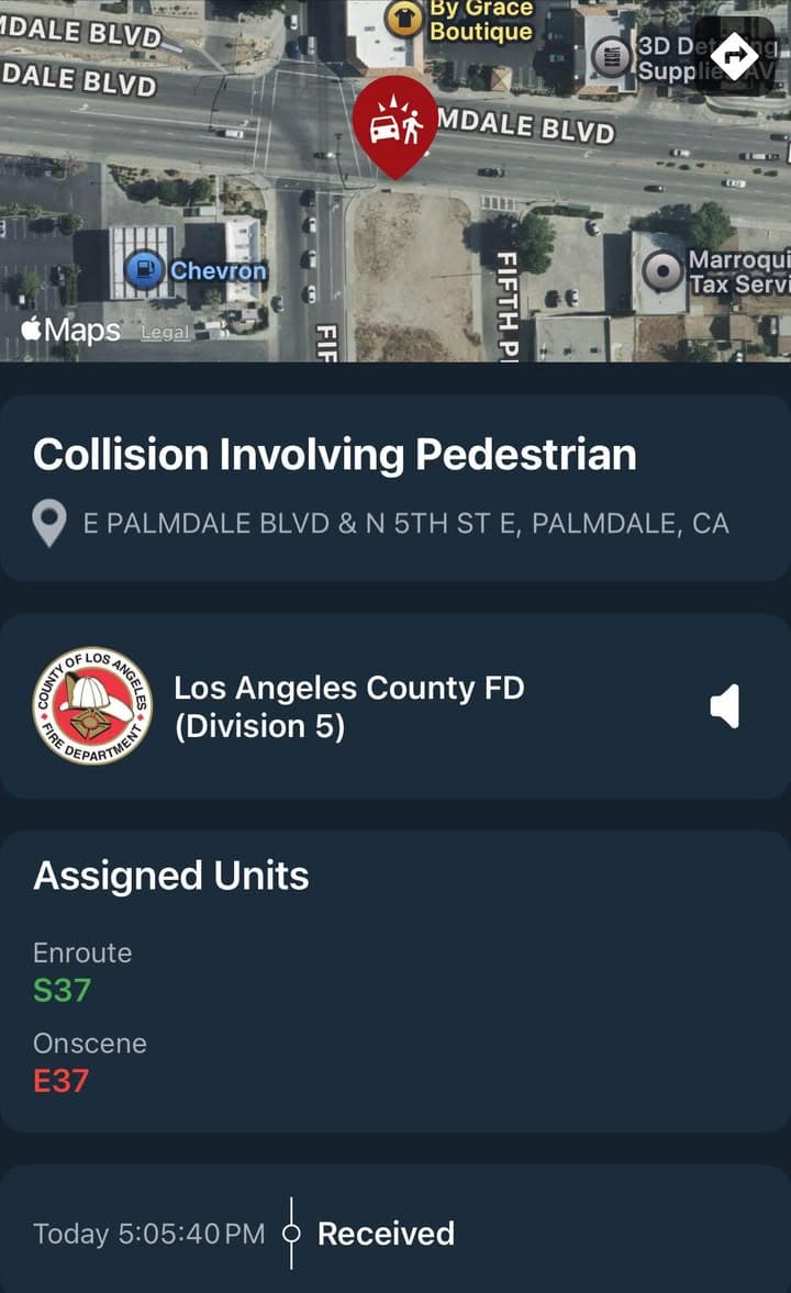 902T/902R…5th Street East and Palmdale Blvd…vehicle vs bicyclist…Sheriff and FD enroute code...