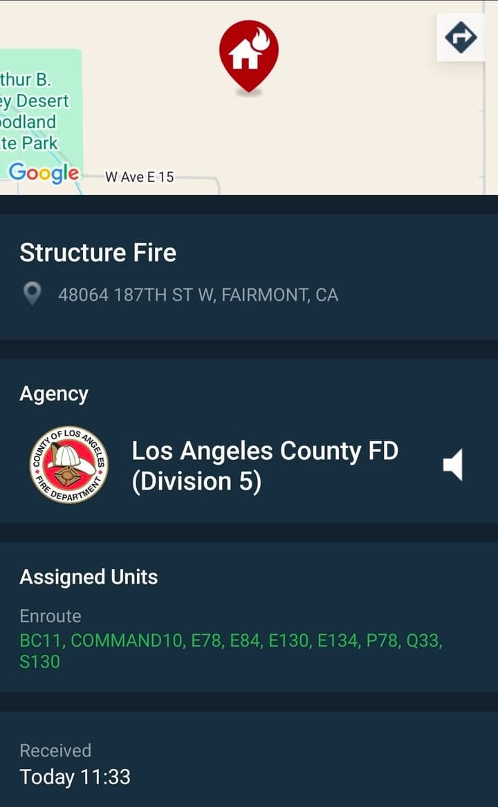 904S....187th Street West and Avenue E-4....caller states they see flames coming from...