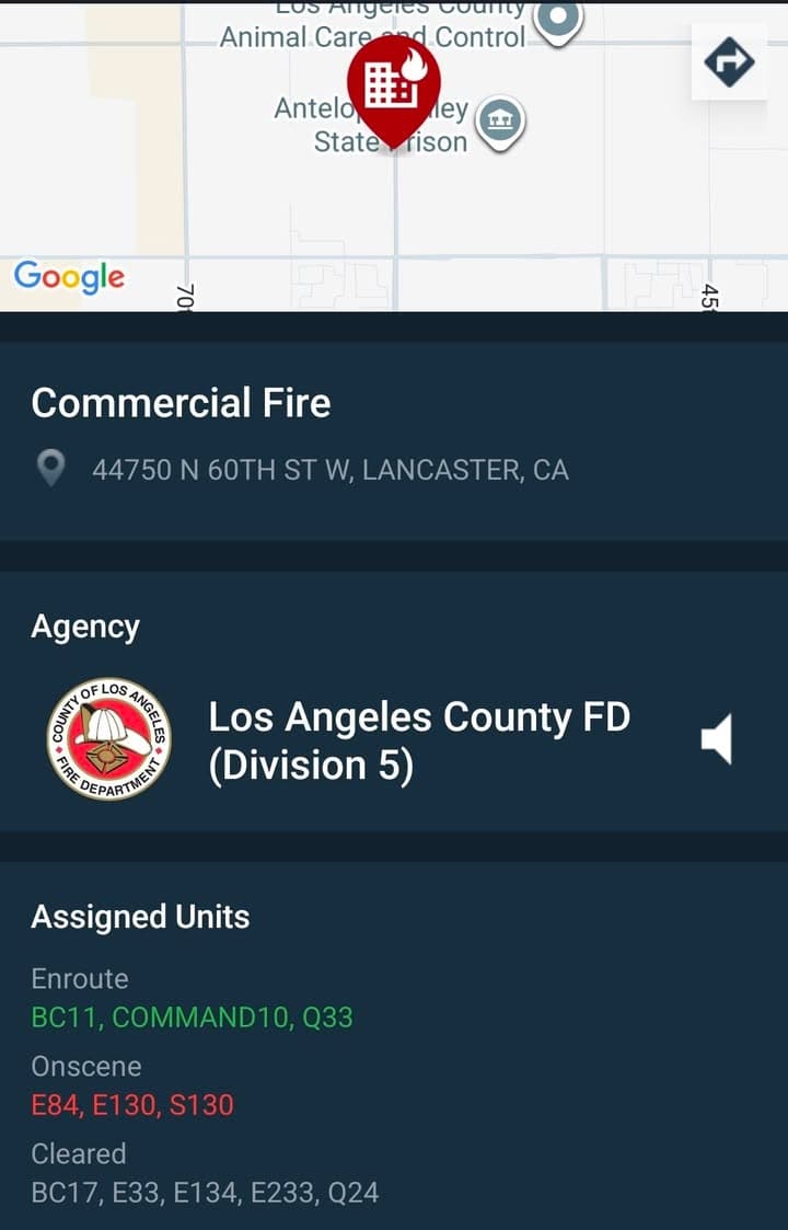 Reported cell fire at Lancaster prison. LACoFD on scene advises visual of...