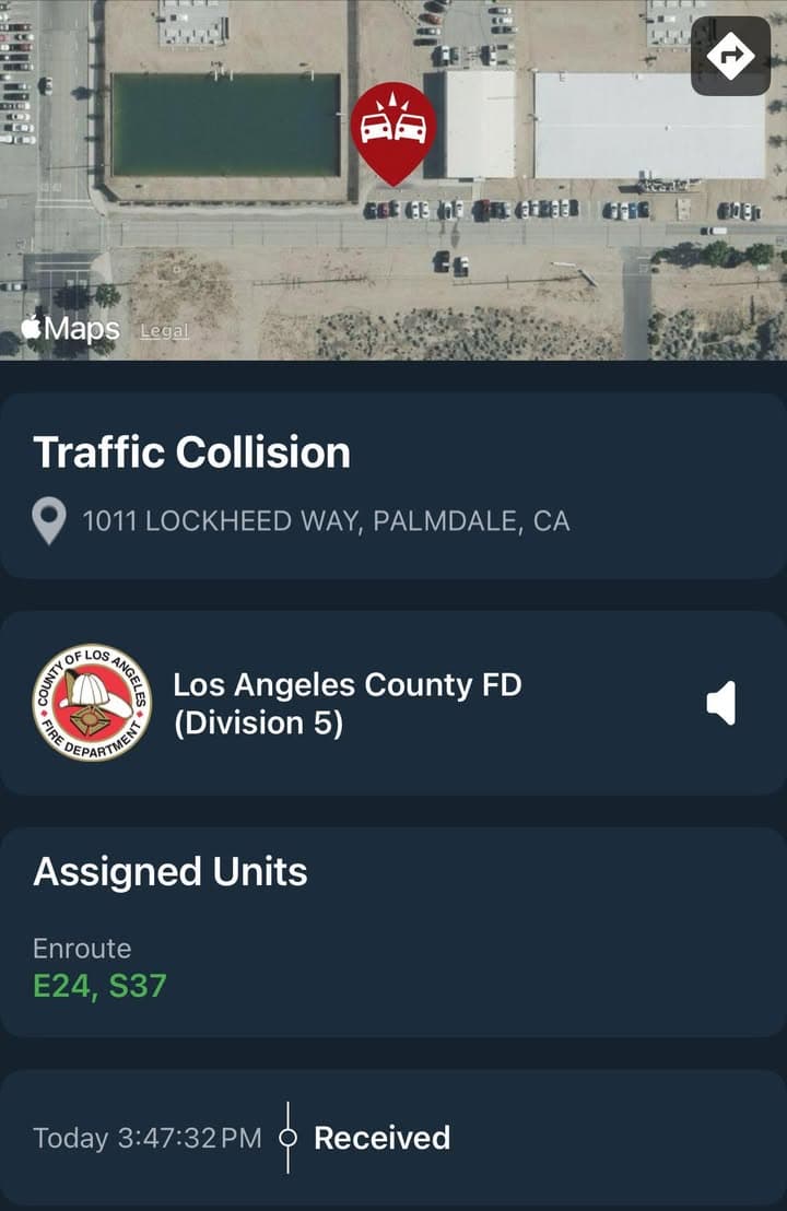 902T/902R…1011 Lockheed Way…reported traffic collision…FD enroute code 3