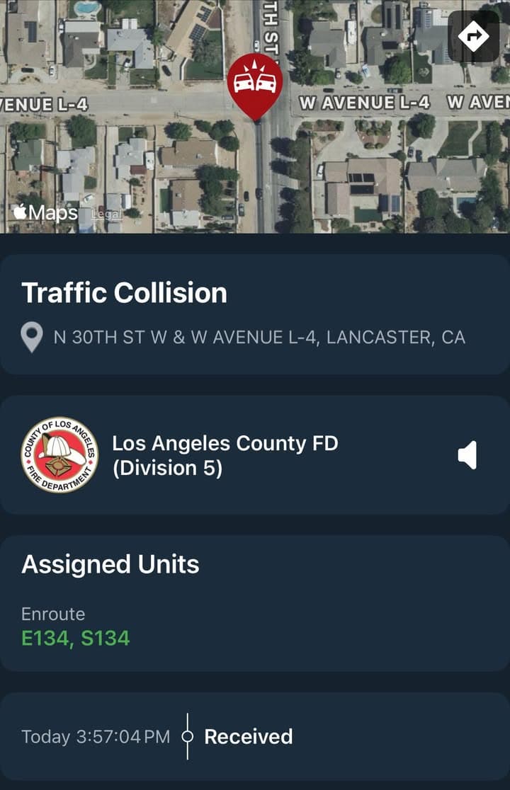 902T/902R…30th Street West and Avenue L4…reported traffic collision…Sheriff and FD enroute code...