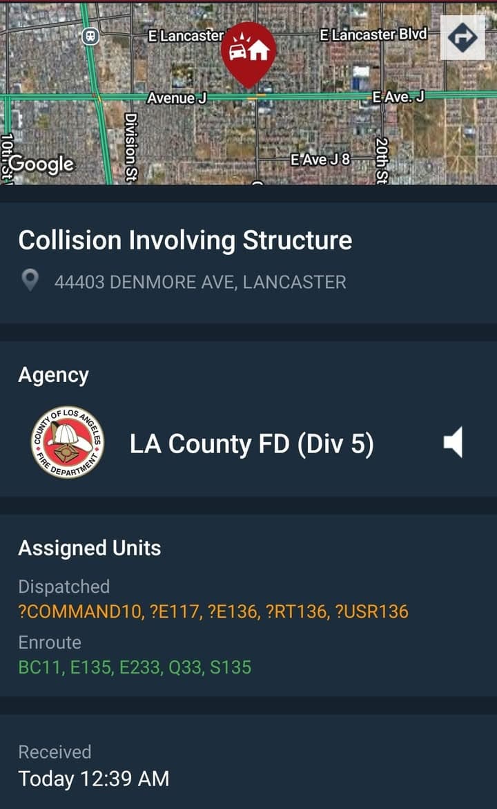 902T/992R/904A.....Challenger Way and Avenue J (Denmore).....vehicle onto house, vehicle is on fire.....sheriff...