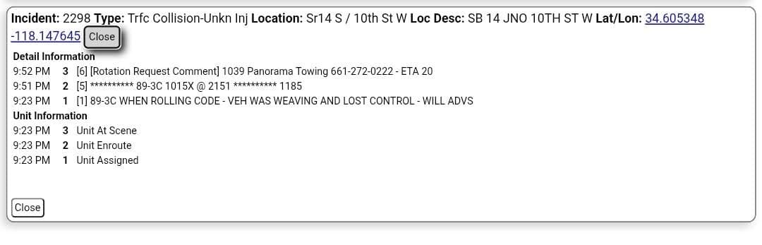 11-83....southbound 14 just north of 10th Street West....CHP was rolling code 3...