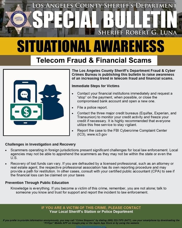 #LASD Fraud & Cyber Crimes Tips on Telecom Fraud and Financial Scams...