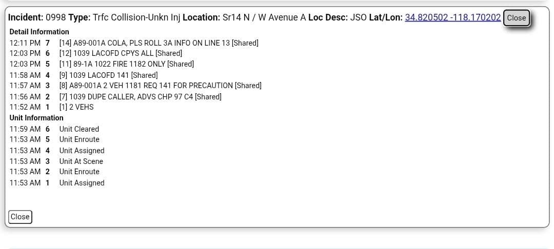 11-83....Northbound 14 at Avenue A....two vehicle collsion, unknown if injuries....CHP and FD...