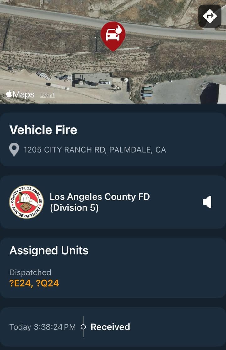 904A…1205 City Ranch Rd (Waste Management Landfill)…large vehicle fire…Sheriff and FD enroute...
