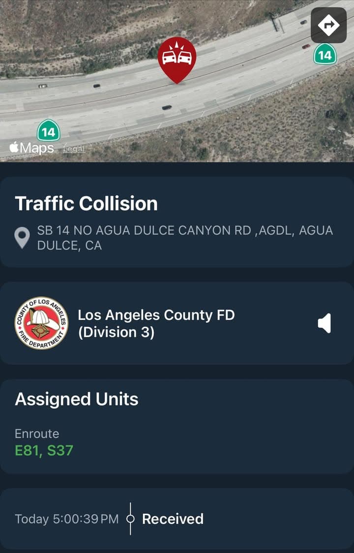 11-83…SB14 north of Agua Dulce Canyon Rd…multi-vehicle traffic collision…vehicles in HOV lanes…debris...