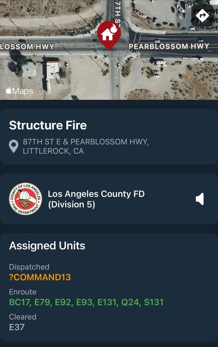 904S…87th Street East and Pearblossom Highway…reported building fire…Sheriff and FD enroute code...