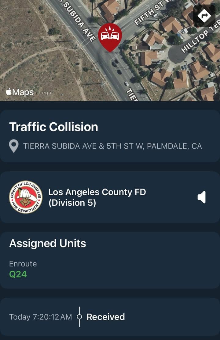 901T/902R…5th Street West and Tierra Subida…3 vehicle traffic collision…Sheriff and FD enroute...