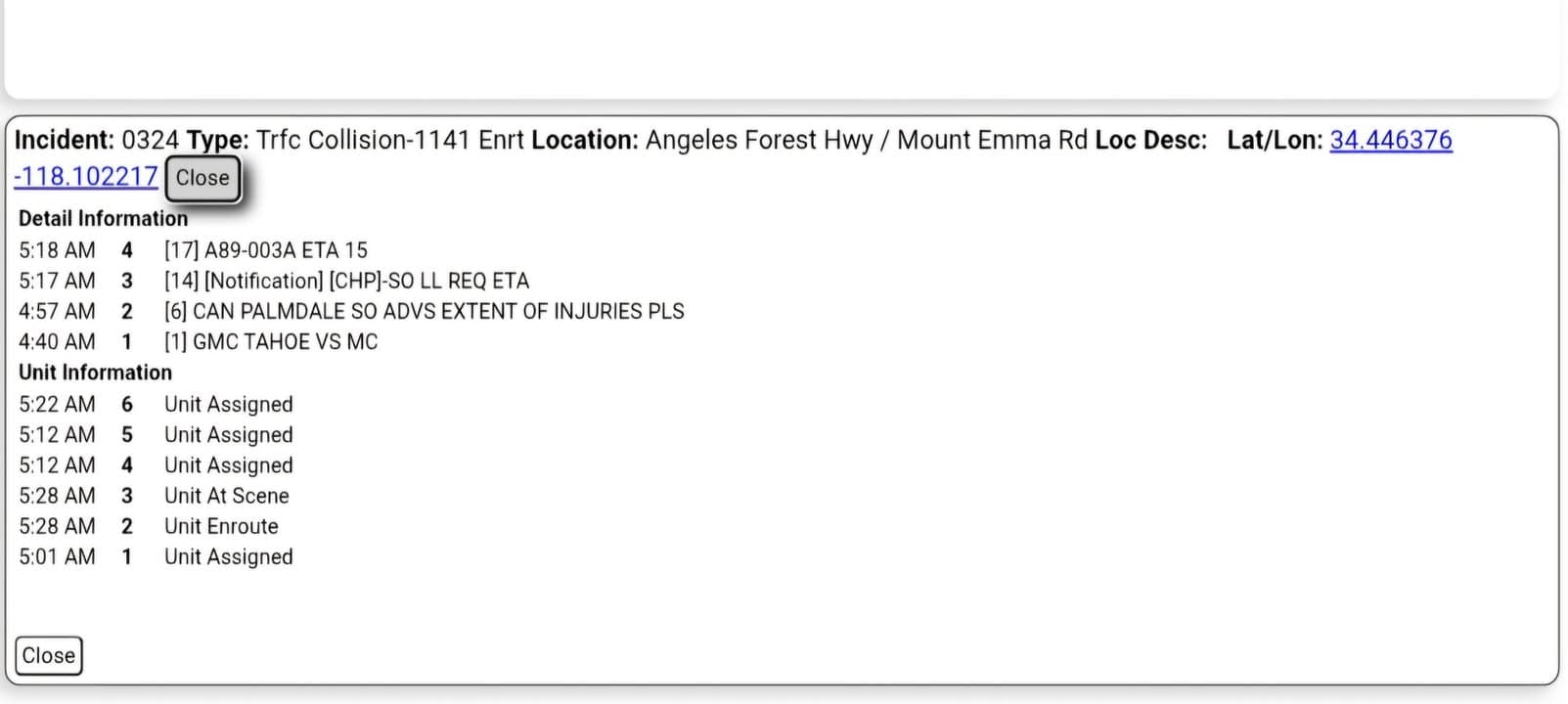 ****CONFIRMED FATALITY**** 11-79....Mount Emma Road and Angeles Forest....SUV vs motorcycle....CHP, sheriff, and...