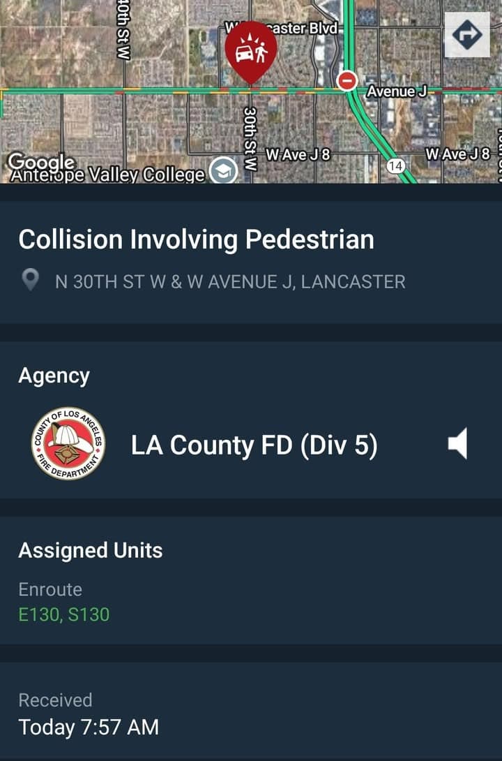 902T/902R....30th Street West and Avenue J....vehicle vs pedestrian....sheriff and FD enroute code...