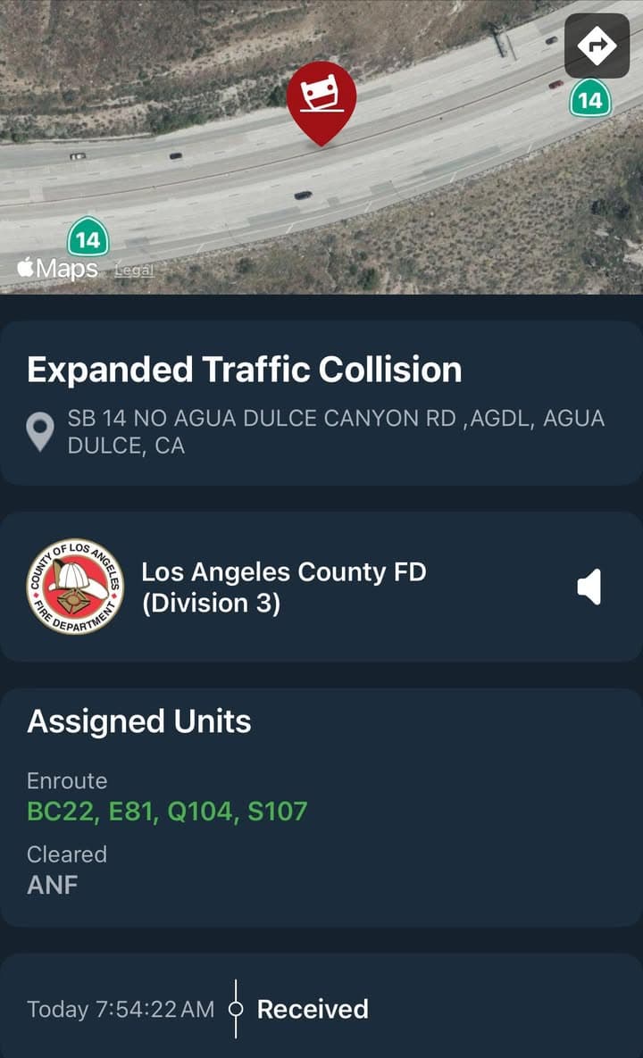 11-79…SB14 north of Agua Dulce Canyon Rd…multi-vehicle traffic collision with possible entrapment…big...