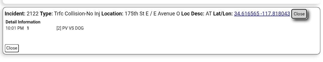 11-82....175th Street East and Avenue O....LASD patrol vehicle vs dog, LASD requesting...