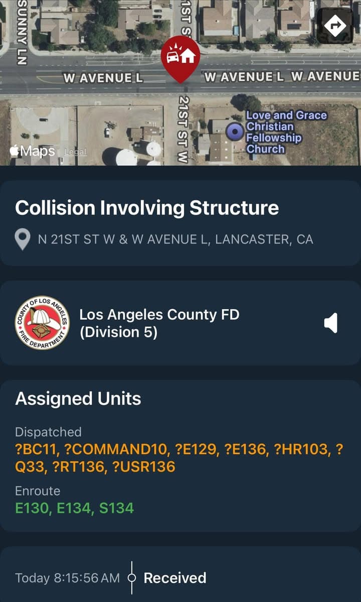 902T/902R…21st Street West and Avenue L…vehicle into a structure…Sheriff and FD enroute...
