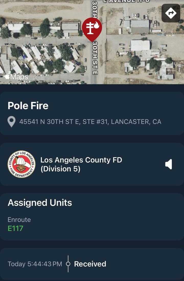 904…45541 30th Street East…reported pole fire…FD enroute code 3 UPDATE: E117 on...