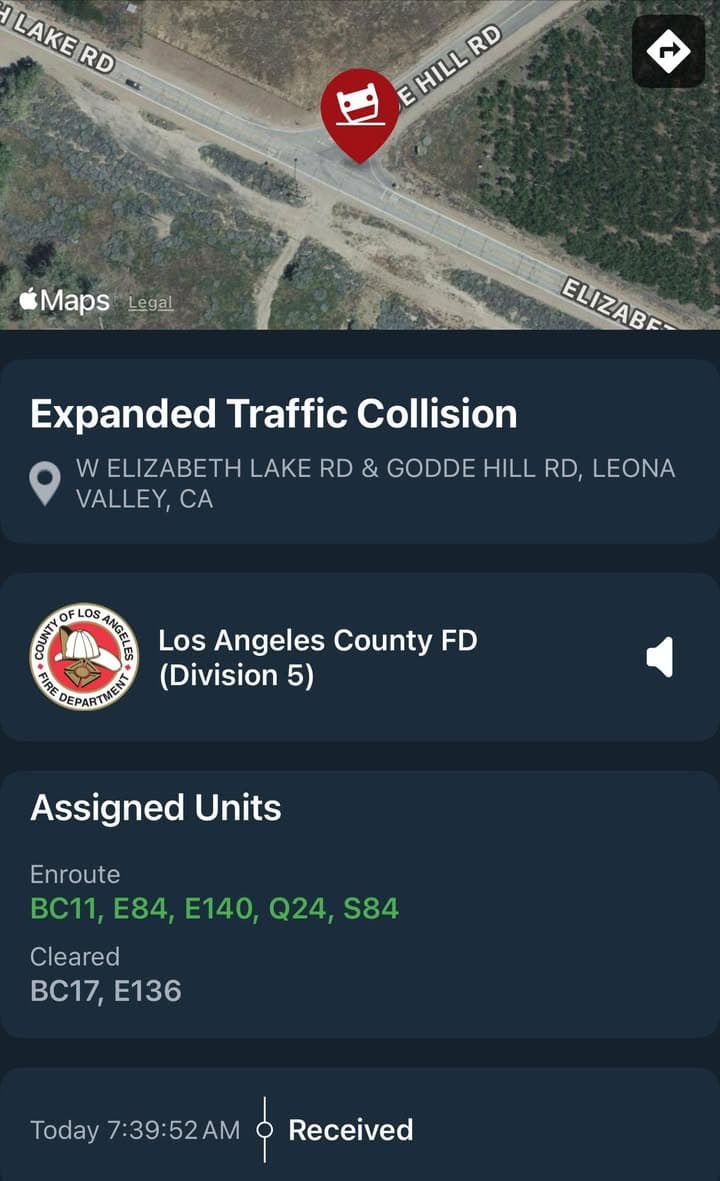 11-79…Elizabeth Lake Rd and Godde Hill Rd…solo vehicle traffic collision with possible...