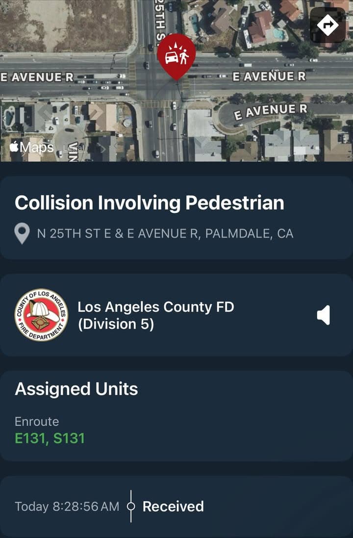 901T/902R…25th Street East and Avenue R…vehicle vs pedestrian…Sheriff and FD enroute code...