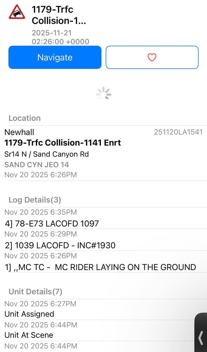 11-79…NB14 north of Sand Canyon Rd…motorcycle down…rider down in the roadway…CHP and...