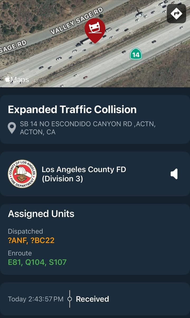 11-79…SB14 north of Escondido Canyon Rd…2 vehicle traffic collision with possible entrapment…Nissan...