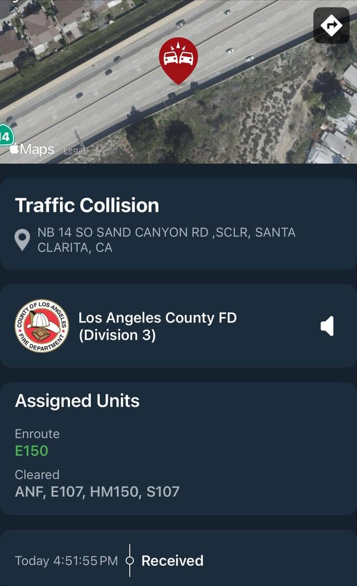 11-79…NB14 just south of Sand Canyon Rd…2 vehicle traffic collision…burgundy Tesla Model...