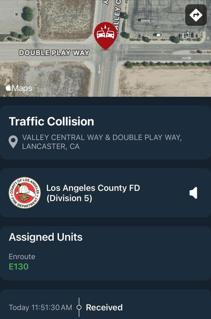 902T/902R…Valley Central Way and Doubleplay Way…reported traffic collision…Sheriff and FD enroute code...