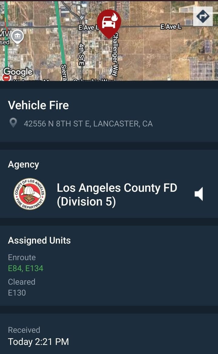 904A....Avenue L-4 and 8th Street East.....vehicle on fire....sheriff and FD enroute code...