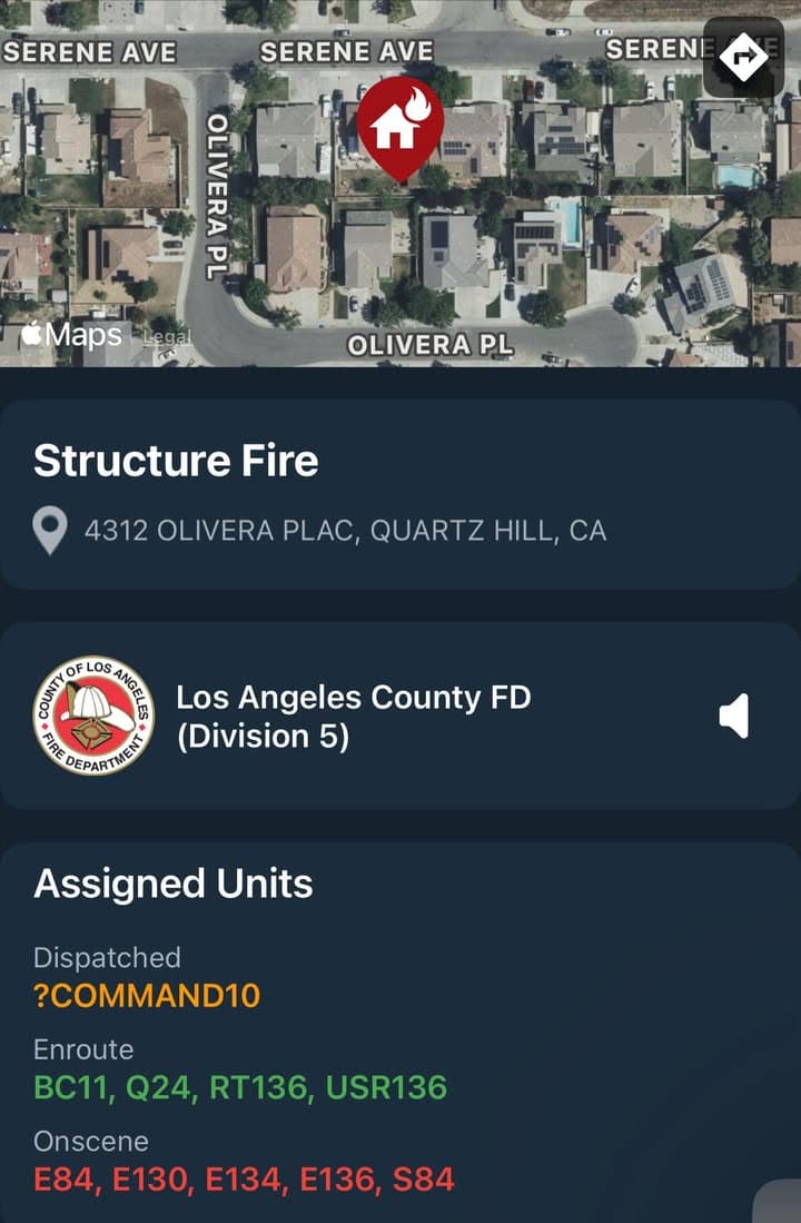 904S…4312 Olivera Street…reported structure fire…Sheriff and FD enroute code 3 UPDATE: E84...