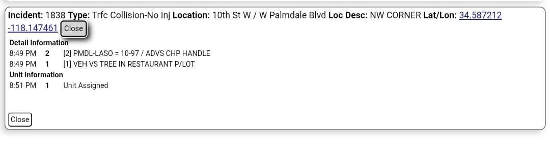 11-82....10th Street West and Palmdale Boulevard....vehicle vs tree in restaurant parking lot,...