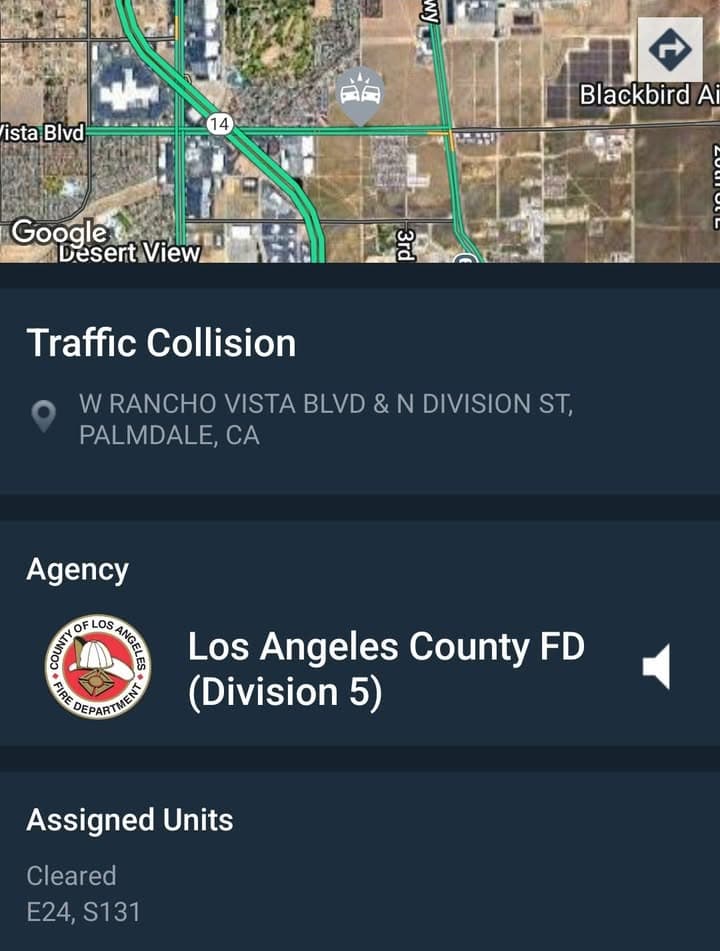 902T/902R....Rancho Vista Blvd and Division Street....vehicle vs tree....sheriff and FD enroute code...
