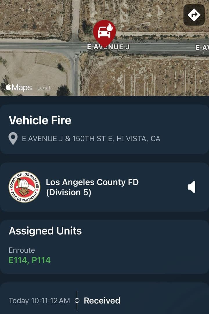 904A…150th Street East and Avenue J…reported vehicle fire…Sheriff and FD enroute code...