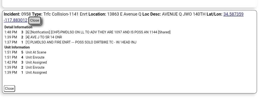 ****CONFIRMED FATALITY**** 11-79.....Avenue Q and 140th Street East.....solo dirt bike collsion, rider...