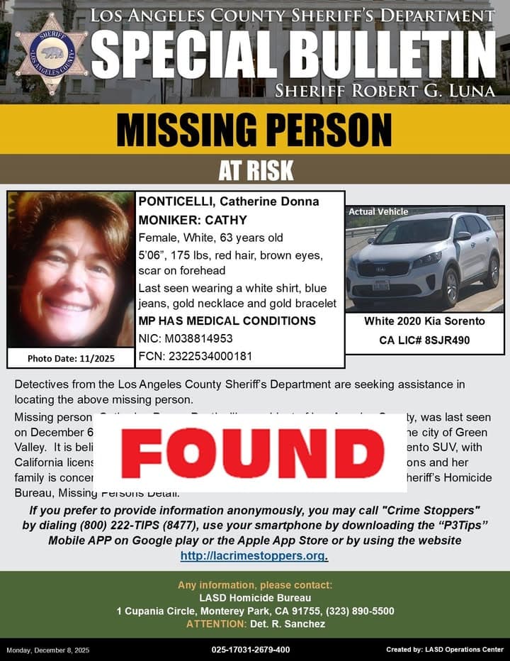 *UPDATE* #LASD is Advising At-Risk Missing Person Catherine Ponticelli Has Been Found...