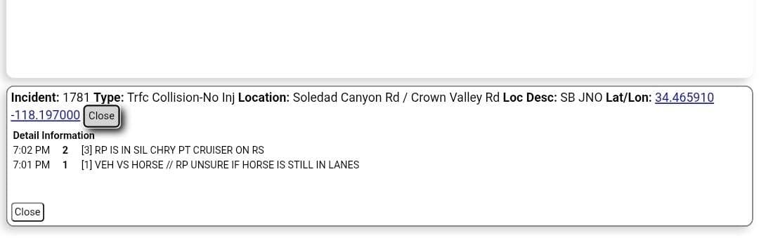 11-82....Soledad Canyon and Crown Valley Road....vehicle vs horse, unknown if horse is...
