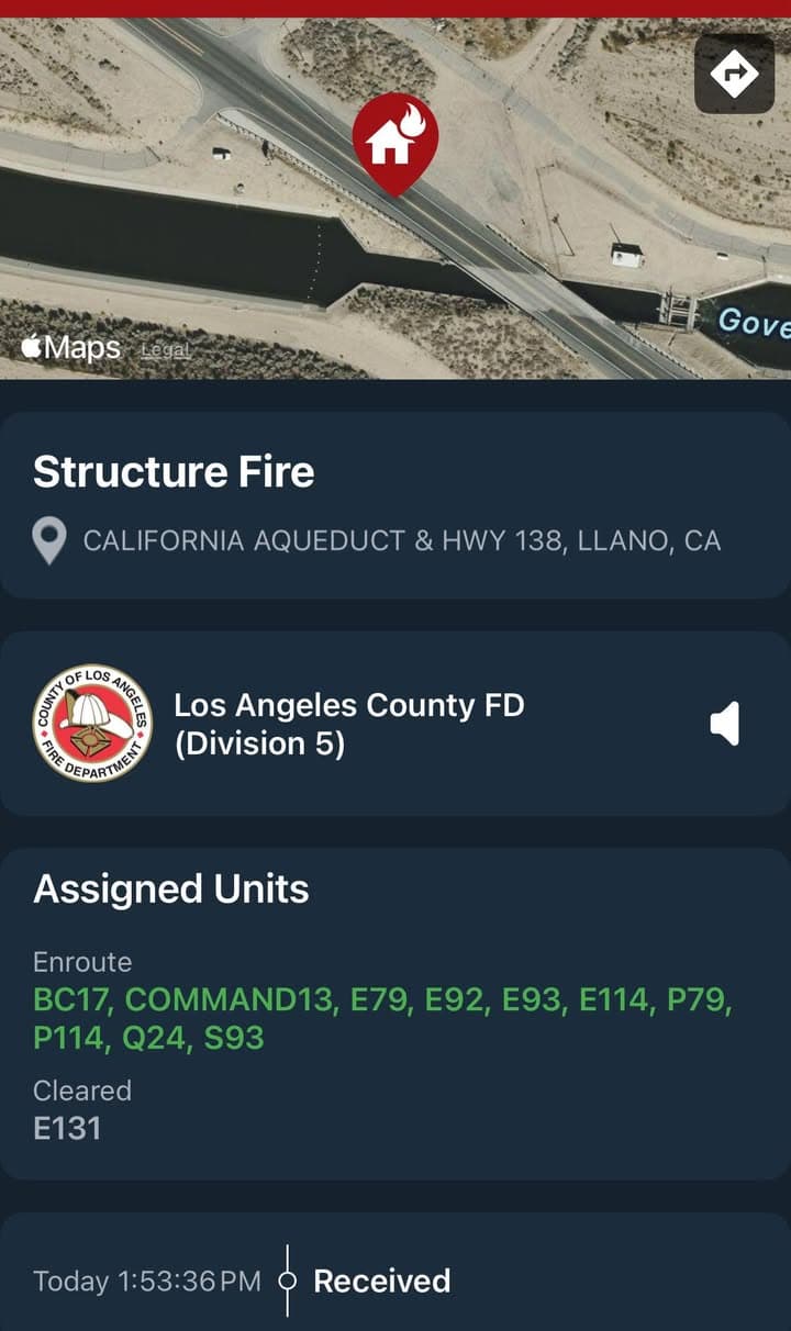 904…Highway 138 and the California Aqueduct…reported shed fire…FD enroute code 3 UPDATE:...