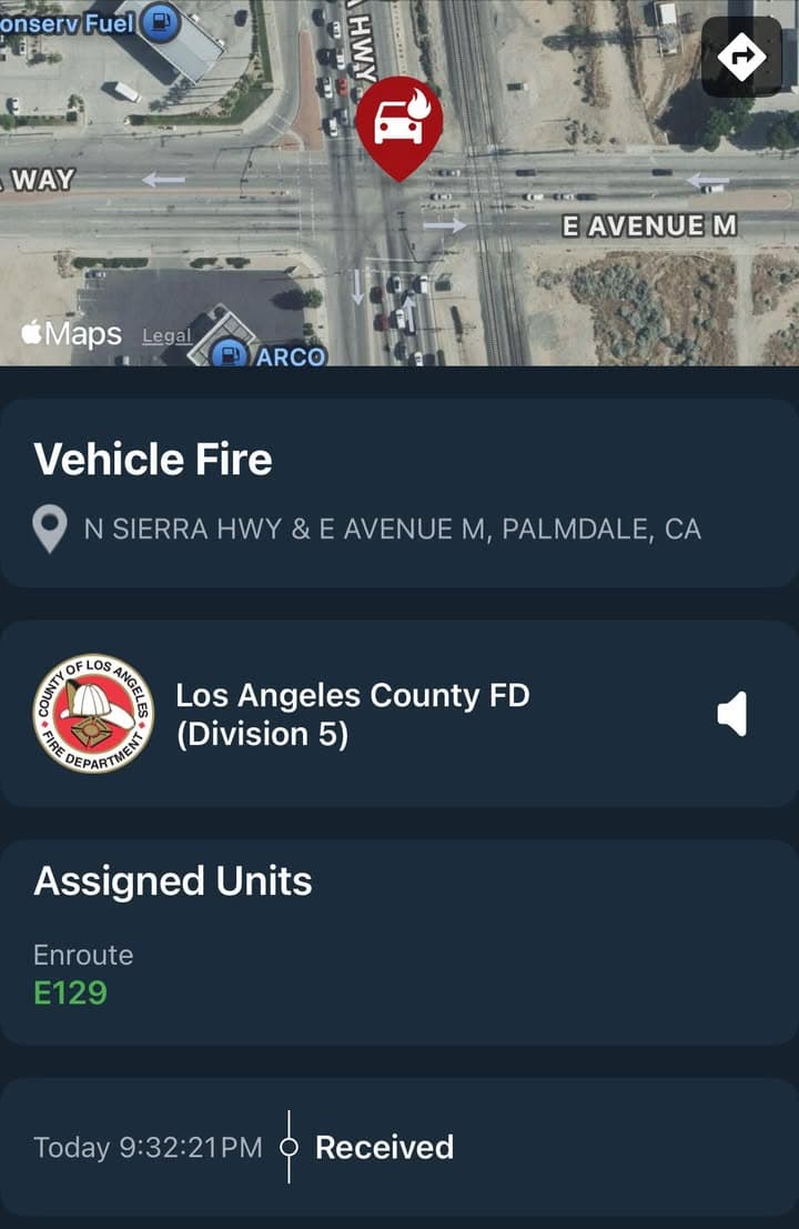 904A/914F…Sierra Highway just south of Avenue M…reported vehicle fire…Sheriff and FD enroute...