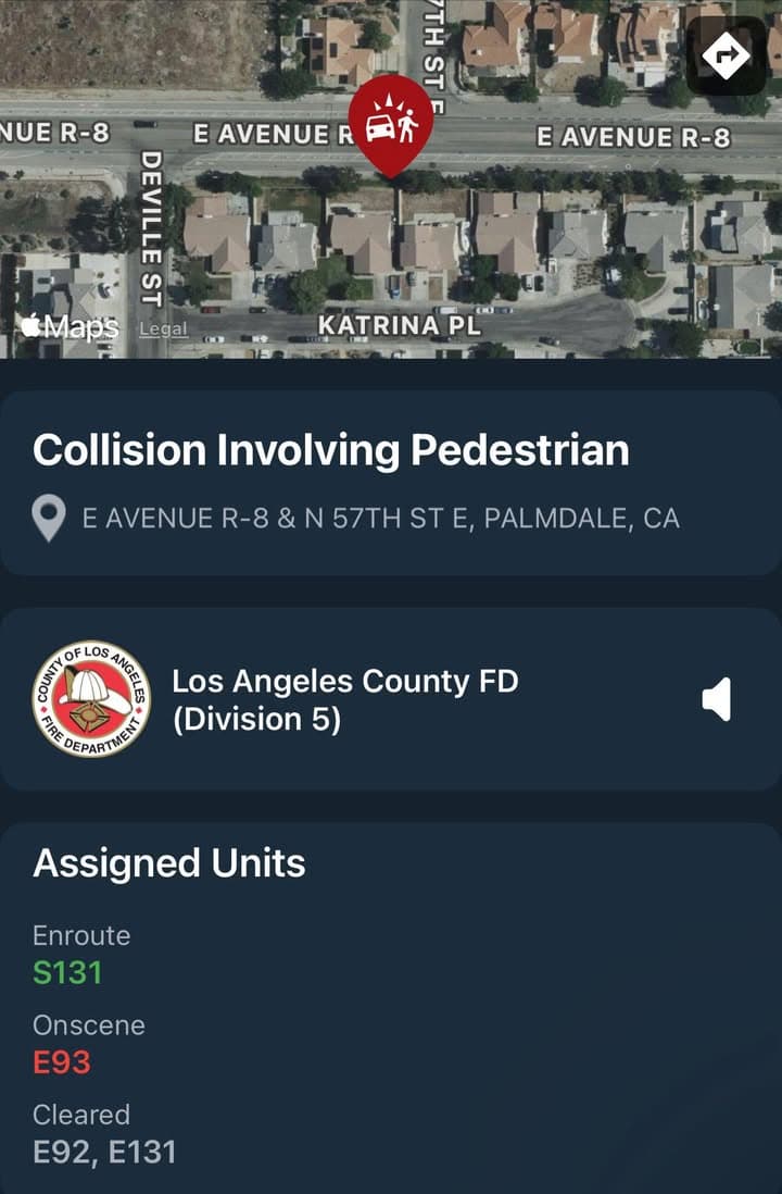 901T/902R…57th Street East and Avenue R8…vehicle vs pedestrian…pedestrian is conscious and breathing…Sheriff...