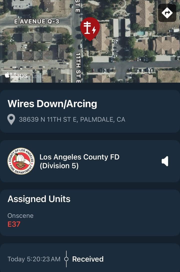909A…38639 11th Street East…reported wires down…Sheriff and FD enroute
