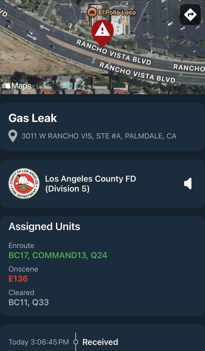 911B…3011 Rancho Vista Blvd…reported gas leak…FD on scene and requesting deputies for...