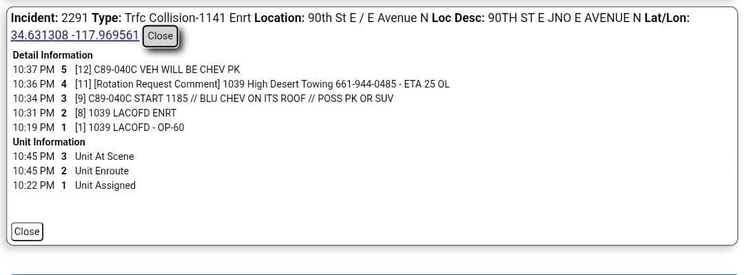 11-79....90th Street East and Avenue N....iPhone crash notification....CHP and FD enroute code...