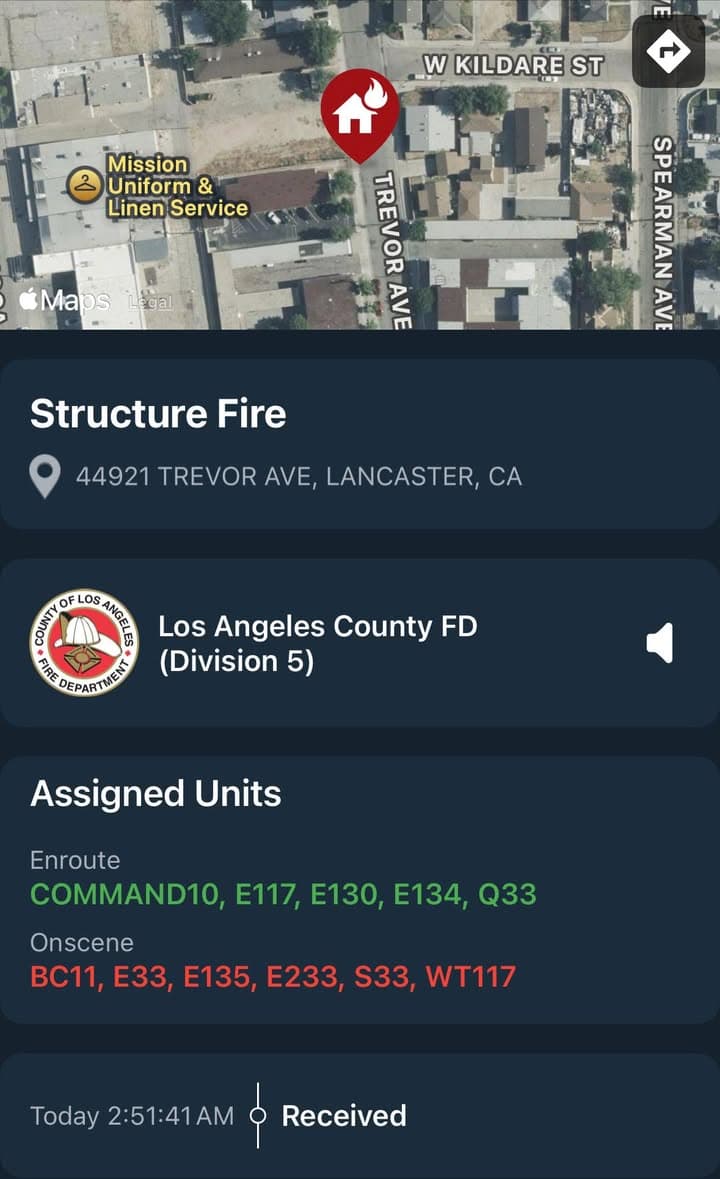 904S…44921 Trevor Avenue…reported structure fire…Sheriff and FD enroute code 3 UPDATE: confirmed...